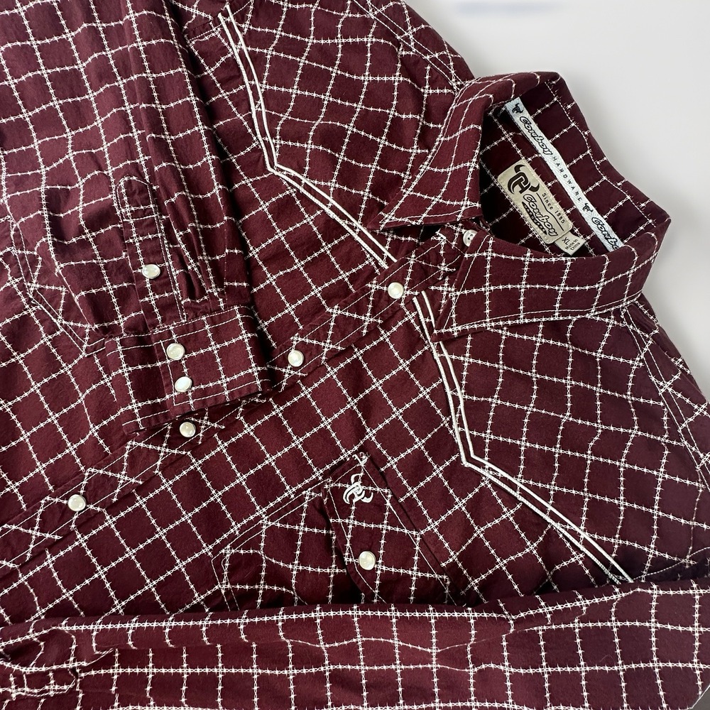 Cowboy Hardware Mens XL Burgundy Barbed Wire Pearl Snap Western Shirt Rodeo